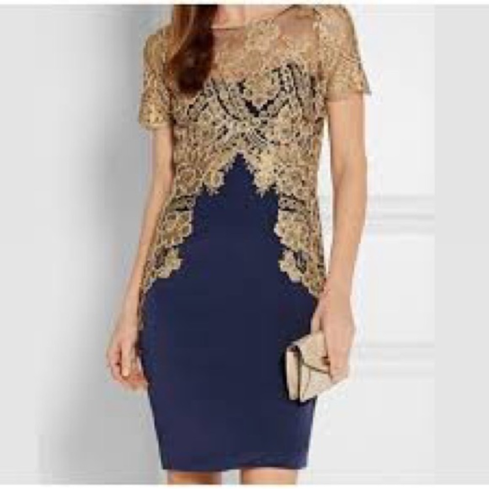 Marchesa Notte midi silk blue & gold beaded dress sheer  formal lace sheath sz 6